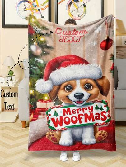 Personalized Christmas Elements: A Flannel Blanket Printed With A Puppy Pattern And Santa Hat - Soft, Lightweight, Warm And Comfortable, Suitable For Sofa, Bedding, Travel, Camping And Various Occasions. Customizable With Name Or Text, Available In Multiple Sizes, Portable Design, Using Digital Printing Technology, Also Applicable To Office Chairs, Air Conditioning Blankets And Other Scenarios.