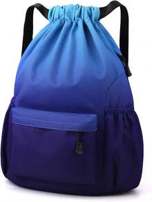 Drawstring Gym Bag, Large Drawstring Bags With Mesh Pockets - Gradient Blue - View 1