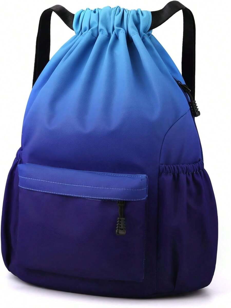 Drawstring Gym Bag, Large Drawstring Bags With Mesh Pockets - Gradient Blue - View 1
