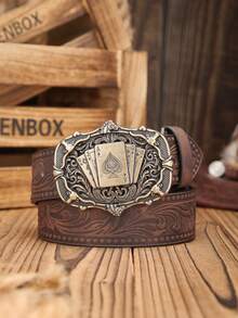 1pc Unisex Bohemian Western Cowboy Style Metal Buckle Vintage Brown PU Embossed Belt, Suitable For Casual Daily Wear (Hole Puncher Included) - Hollow Poker - View 15