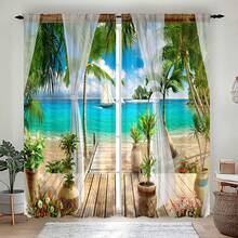 2pcs Maldives Islands Tropical Beach Printed Curtain Panels, Rod Pocket Design, Suitable For Living Room, Bedroom, Office, Home Decor, Classic Style, Machine Washable, Semi-Sheer Polyester, All Season Landscape Theme