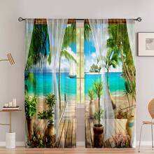 2pcs Maldives Islands Tropical Beach Printed Curtain Panels, Rod Pocket Design, Suitable For Living Room, Bedroom, Office, Home Decor, Classic Style, Machine Washable, Semi-Sheer Polyester, All Season Landscape Theme