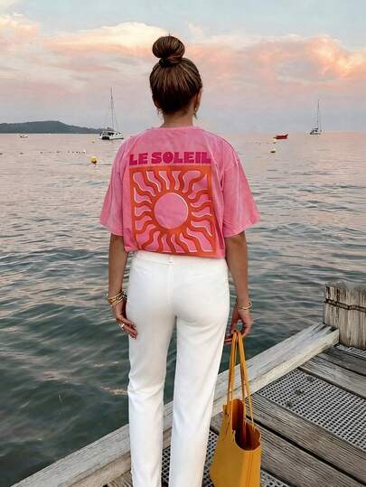 Women's Loose Y2K Bohemian Style Casual T-Shirt, Minimalist English Letter Print Round Neck Pullover For Commuting, Back To School, Brunch Pink Summer