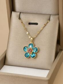 1 件奢华方晶锆石花朵不锈钢女士项链，1 对奢华方晶锆石花朵不锈钢女士耳环，黄金首饰，女士首饰，金项链，金耳环，不锈钢首饰，派对，生日礼物，送给爱人的礼物，送给最好的朋友的礼物 - 金黃色 - 查看 7