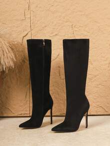 性感时尚绒面尖头细高跟休闲百搭侧拉链黑色及膝靴女式 - 黑色 - 查看 6