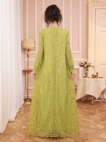 女士圆领镂空领口设计，珍珠点缀，串珠工艺，优雅长袖蕾丝连衣裙，适合日常穿着、约会、休闲场合，春季必备 - 綠色 - 查看 2