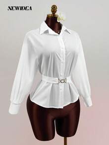 Elegant Women's White Satin-Like Long Sleeve Collared Shirt - Belted Button Front Blouse For Office, Going Out & Daily Wear