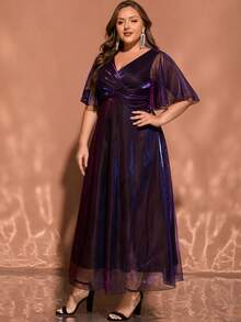 Women's Elegant Ombre Cocktail Party Dress, Formal Maxi Gown With High Slit, Criss-Cross Ruffle Hem, Metallic Fabric, Suitable For Formal Events, Weddings, Graduations, Concerts, Spring/Summer/Autumn - Purple - View 6