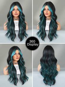 AKAKO 24 Inch Blue Highlight Long Wavy Wig With Curtain Bangs, High Quality Heat-Resistant Fiber Synthetic Wave Curly Hair Wig, Gorgeous Goth Style Costume Wigs For Women Halloween Party Masquerade Ball,Music Festivals & Carnival Use - 挑染藍色 - 查看 6