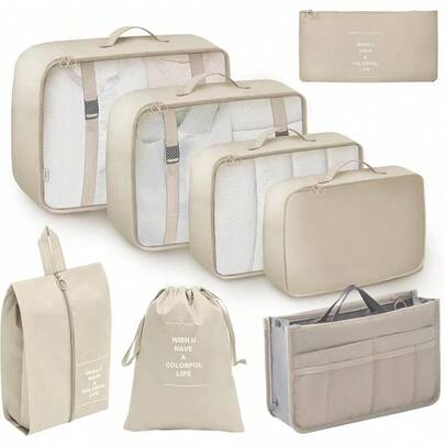 Bolsa De Almacenamiento Para Viaje Juego de 8 Bolsas Organizadoras de Viaje, Organizadores de Viaje para Equipaje, Bolsas Organizadoras de Equipaje para Accesorios de Viaje en 3 Tamaños (Grande, Mediano, Pequeño) Esenciales de Viaje