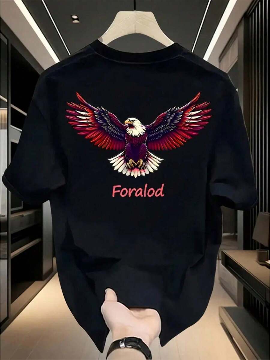 Camiseta Colorida Casual  Adulto Manga Curta Estilo Oversized Para Homens Adequado As Estações Do Ano  Algodão Estampa Personalizada De Aguia Foralod - Preto - Visão 1