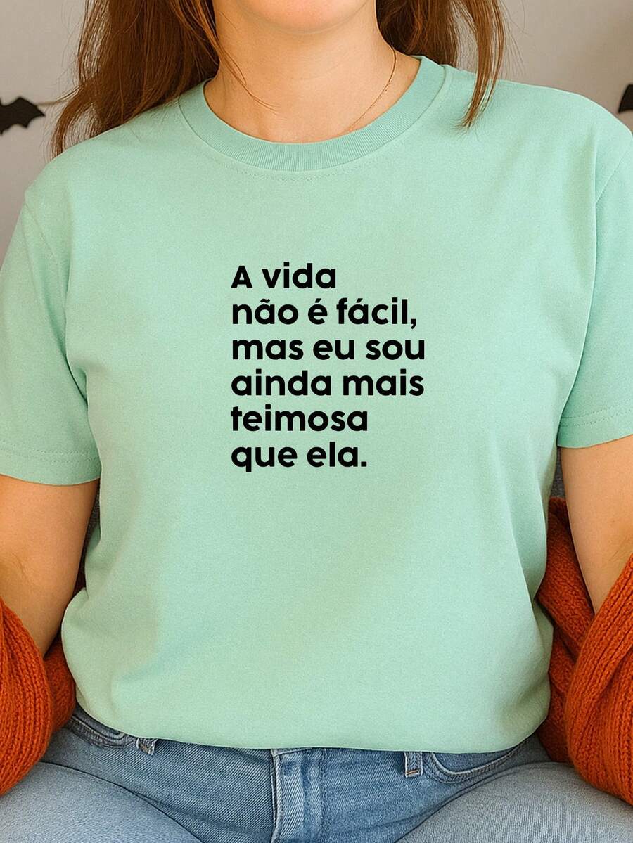 Women's Babylook Printed T-Shirt Phrases Life Is Not Easy But I'm Even More Stubborn Than Her 100% Cotton Various Funny Phrases - 薄荷綠 - 查看 1