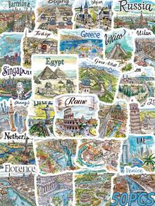 50 pièces Autocollants de carte de voyage peints à la main, autocollants de paysages artistiques minimalistes et créatifs, convenant pour les cahiers, sacs à main, casques, motos, coques de téléphone, planches de skate, guitares - Décorations de Noël et d'Halloween et autocollants cadeaux pour les fêtes - Multicolore - Voir 9