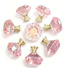 8pcs Pink Quartz Color Cabinet Knobs, Brushed Brass Dresser Knobs, Dresser Hardware Suitable For Wardrobe, Closet And Cabinet Round Vintage Drawer Pulls - Pink - View 3