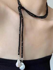 1pc French Retro Niche Design Asymmetric Pearl & Black Crystal Necklace, Multi-Wear Long Clavicle Chain, Ins Style