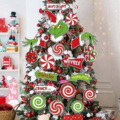 Juego de 21 piezas de suministros navideños del Grinch, decoraciones para fiestas navideñas, adornos para el árbol de Navidad - Decoraciones colgantes de papel verde peludo del Grinch