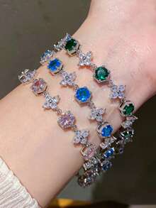 1 pieza Pulsera de cobre con circonita cúbica de trébol de cuatro hojas de colores, estilo de moda Dopamina, elegante pulsera de cadena para uso diario de las mujeres, regalo