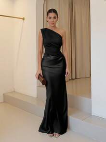 Women's Elegant Solid Color Pleated Backless Satin Patchwork Maxi Dress, Suitable For Outings, Parties, Cocktail Events, Wedding Guests, And Vacations