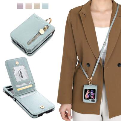 1pc L-Shaped Zipper Folding Screen Phone Case, Suitable For Galaxy Z Flip4 5G, With Ring, Neck Strap, Crossbody, Shoulder Strap, Fashionable, Lightweight, Thin, Foldable, Rear Card Slot, Coin Purse, Cute, Smartphone Protective Case, Adjustable Strap, Shock-Proof, Anti-Drop