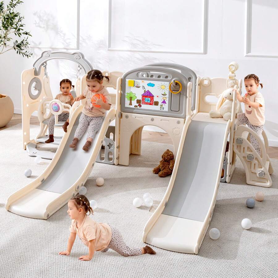 12-In-1 Dual Slide Toddler Swing Set With Basketball Hoop & Music Player, Indoor Outdoor Baby Playground For Ages 1-3 With Telescope, Climber And Tunnel, White - trắng - Xem 1