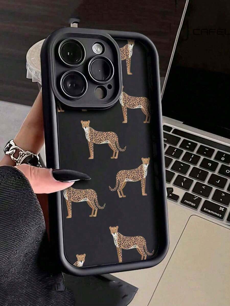 Cheetah 1pc Fashionable Thickened Anti-Drop Leopard Printed Phone Case, Compatible With Apple & Series - Black - View 1