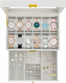 Ogrmar 12 Slot PU Leather Lockable Watch Storage Boxes, Men & Women Jewelry Display Drawer, 2-Tier Organizer Watch Showcase With Glass Lid (White) - Pink - View 7