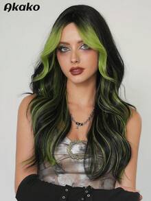 AKAKO 24 Inch Green Highlight Long Wavy Wig With Curtain Bangs, High Quality Heat-Resistant Fiber Synthetic Wave Curly Hair Wig, Gorgeous Goth Style Costume Wigs For Women Halloween Party Masquerade Ball,Music Festivals & Carnival Use - 挑染綠色 - 查看 5