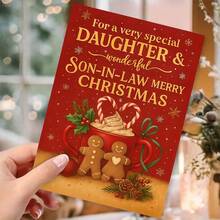 1 Peça Cartão de Natal para Filha e Genro - Design de Família de Pão de Gengibre Vermelho e Dourado com Recortes de Coração, Lembrança Festiva de Férias para Pais, Presente para Sogros, Cartão de Papel Fácil de Enviar para Comemorações Familiares - Multicolorido - Visão 1