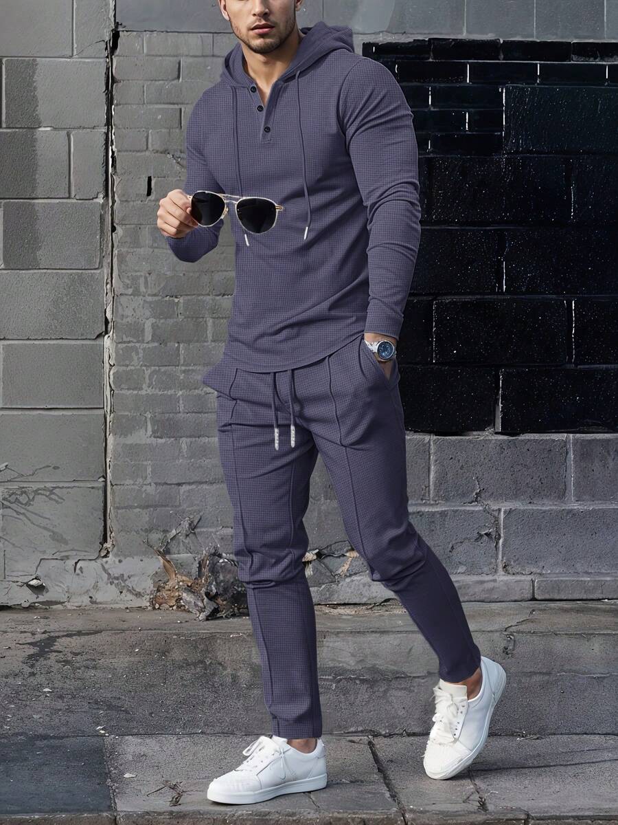 Bộ đồ nam thường ngày 2 món - Áo hoodie và quần ống rộng màu trơn mềm mại, thoáng khí, trang phục thể thao thoải mái phù hợp cho các hoạt động hàng ngày và mặc vào mùa thu. - Màu tím hoa cà - Xem 1