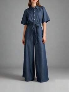2025 New Women's Casual One Pieces Denim Jumpsuits V-Neck Short Sleeves Tied Waist With Pockets High Waisted Wide Leg Streetwear Rompers Summer Outfits For Woman - 藍色 - 查看 12