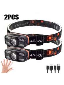 1/2/3 件便携式传感器 LED 头灯，Type-C 可充电，6 种照明模式，感应头灯，适用于户外露营头灯，加厚 ABS 塑料，耐摔耐冲击