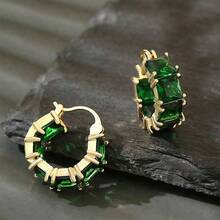 1 Pair Square Green Synthetic Zirconia Women's Hoop Earrings, Suitable For Christmas, Valentine's Day, Parties, Daily Wear, All Seasons