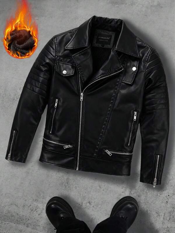 Men's Fall/Winter Jacket With PU Coating Features A Multi-Zipper Design And Fleece Lining To Lock In Warmth During Cold Seasons.