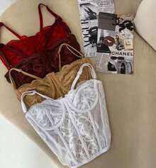Cropped Crope Cropped Corset Leotard Thin Straps Adjusting Lace Details - 白色 - 查看 2