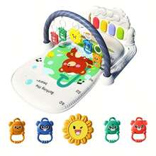 带钢琴的互动婴儿游戏垫，柔软的软垫音乐垫 - 0-12 个月新生儿和婴儿俯卧时间活动游戏垫 - 培养运动技能和协调性 - 与 BabySMART 系统兼容 - 绿色/蓝色/黄色（不含电池），可爱的动物设计，游戏表面，新生儿必备