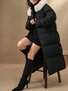 Livesso Women's Faux Fur Collar Hooded Long Sleeve Padded Coat, Autumn/Winter - Black - View 1