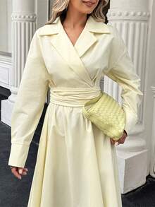 Doriss Elegant Lapel Collar Cross-Tie A-Line Dress, Modest, Suitable For Commuting, Solid Color, Halloween, Old Money Style, Prom Party, Back To School, Elegant Ladies, Court Style, Valentine's Day Outfit, Wedding Season - Light Yellow - View 4