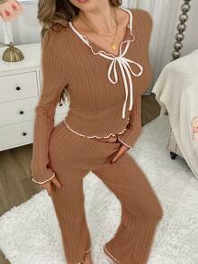 Bộ đồ ngủ 2 món cổ chữ V thắt nơ màu trơn cho nữ, đồ mặc nhà thoải mái, dễ chịu cho mùa thu/đông, quà tặng ngày lễ tình nhân - màu nâu - Xem 5
