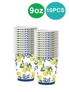 10pcs Lemon Party Paper Plate, Lemon Theme Party Decor, Spring Summer 7/9 Inch Blue Tile Yellow Lemon Dessert Plate, Disposable Tableware Set, Suitable For Picnic, Outdoor Party, Birthday Party - Multicolor - View 7