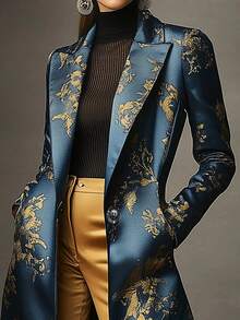 Women's Elegant Lapel Collar Printed Long Sleeve Mid-Length Blazer Coat, Navy Blue, Spring/Autumn - Blue - View 7