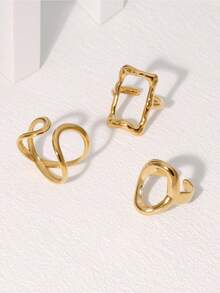 3 件套时尚简约高端镀层不锈钢几何方形和椭圆形开口戒指，适合女性日常佩戴和派对