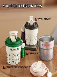 SNOOPY كوب قهوة عازل فراغي من الفولاذ المقاوم للصدأ بسعة 380 مل بشكل سنوبي، كوب سيارة جميل، كوب محمول للخارج مع قش - متعدد الألوان - مشاهدة 11