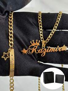 2 Stücke Geschenk zur Schulanfang, personalisiertes Schmuckset, bestehend aus personalisierter Stern-Namenskette und Armband-Set, Edelstahl-Stern- und Kronen-Anhänger mit eingraviertem Namenskette, einfaches, lässiges, hippes, gotisches, punk-artiges, personalisiertes, einzigartiges Geschenk für sie, ihren Freund, ihre Freundin, ihren Vater