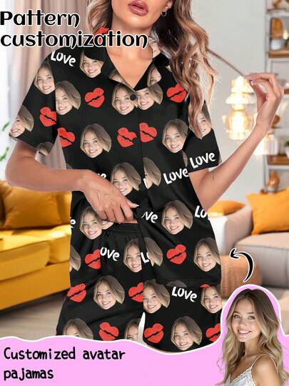 Anpassat pyjamasset med kort ärm för kvinnor, kan tryckas med valfritt mönster, personlig pyjamas med foton, roliga anpassade bilder, bekväma sovkläder. Lämplig för alla hjärtans dag, födelsedag, presenter, personlig, färgglad, söt, kvick, unik, exklusiv, idealisk present till flickvän, lämplig för flickvän, familj, vänner, äldre, modern för hösten, högtidsfest