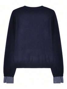 Áo len dệt kim 2 trong 1 chắp vá kẻ caro, áo khoác cardigan dài tay phong cách học thuật vừa vặn - Màu xanh hải quân - Xem 6