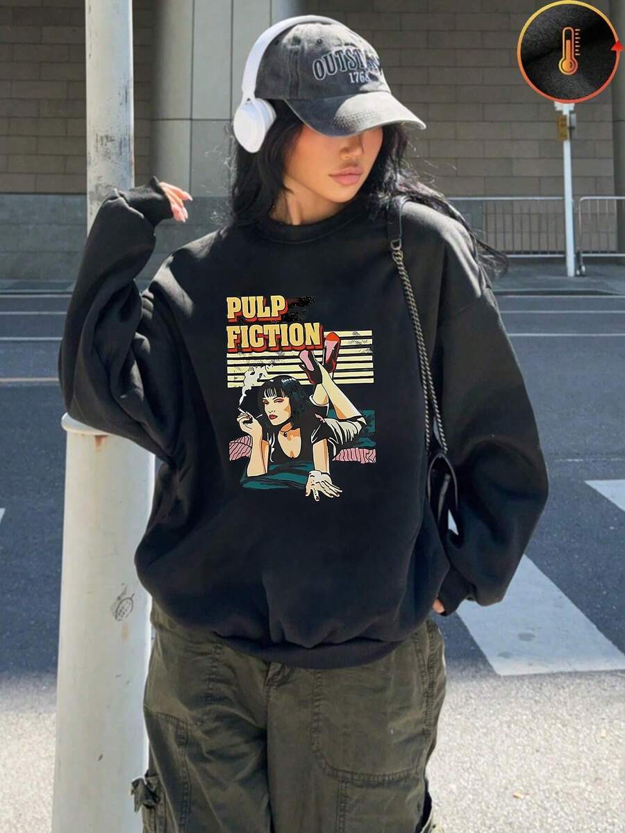 1PC Pulp Fiction Graphic Women's Printed Design, Casual Fleece Lined Crewneck Sweatshirt, Perfect Birthday Gift, Holiday Present