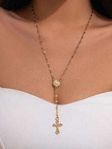 1pc Fashionable Elegant Virgin Mary Embossed Y-Shape Long Necklace, Vintage Religious Cross Pendant Sweater Chain For Women, Suitable For Daily Wear And Gatherings - Bạc - Xem 1
