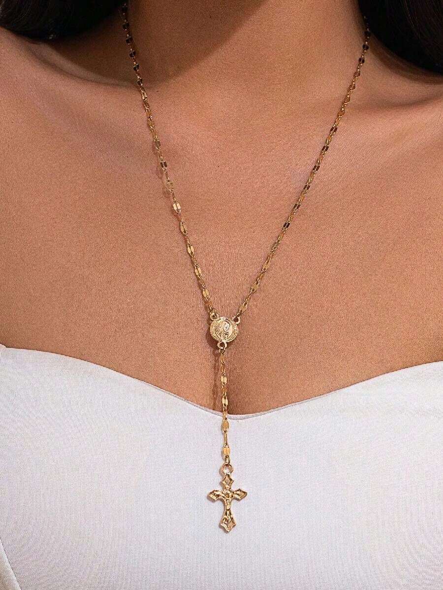 1pc Fashionable Elegant Virgin Mary Embossed Y-Shape Long Necklace, Vintage Religious Cross Pendant Sweater Chain For Women, Suitable For Daily Wear And Gatherings - Bạc - Xem 1