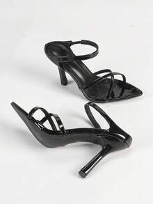 女士黑色尖头凉鞋，性感细高跟鞋，常规连衣裙凉鞋，派对时尚简约舒适高跟鞋，拉长腿部线条，春夏穿搭 - 黑色 - 查看 6