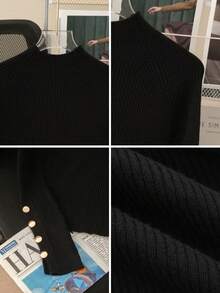 Women's Khaki Turtleneck Sweater, Metal Button Decor, Warm Knit Top For Layering, Suitable For Commuting And Daily Wear, Autumn/Winter - Black - View 11